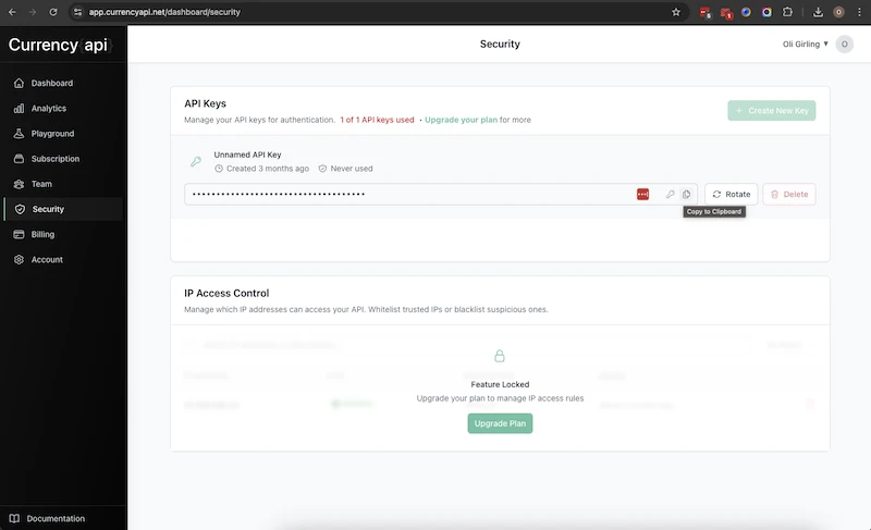 Currency Api Dashboard Security Section
