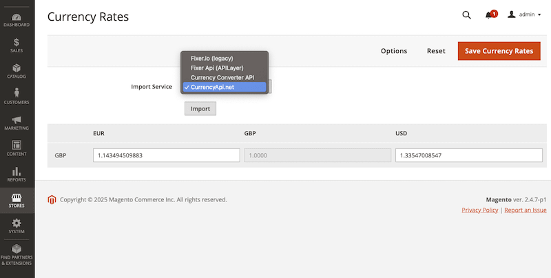 Magento 2 CurrencyApi.net import service